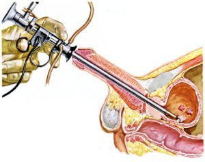 Anatomisk tegning av en kamerasonde som er satt inn i urinrøret, gjennomskåret.